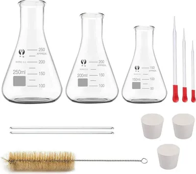 Zdjęcie produktu dla Zestaw szklanych kolb Erlenmeyera 250 ml 200 ml 150 ml z cylindrem miarowym Pipety laboratoryjne