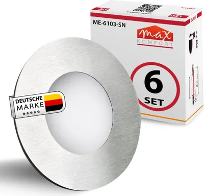 A round, silver LED light fixture with a white center, shown next to its product packaging.