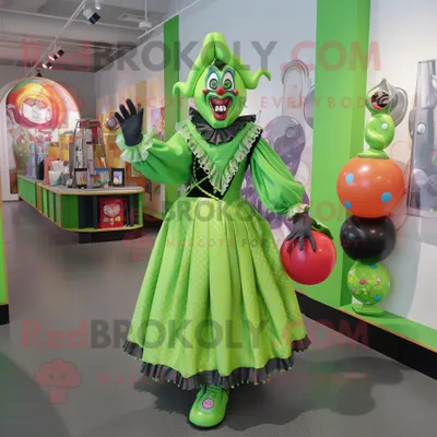 Productafbeelding van Lime Green Evil Clown mascotte REDBROKOLY kostuum karakter gekleed met een cirkelrok en handtassen
