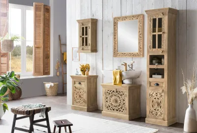 Produktbild von SIT Möbel Badmöbel-Set 5-tlg. | 1 Hochschrank, 1 Unterschrank, 1 Spiegel, 1 kleiner Schrank, 1 Hängeschrank | Mango-Holz natur | B 44 x T 35 x H 188 cm | 18005-70 | Serie LAKADEE