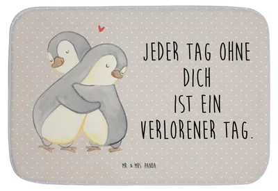 Produktbild von Mr. & Mrs. Panda Badezimmerteppich Pinguine Kuscheln - Grau Pastell - Geschenk, Valentinstag, Freund, duschmatte, Hochzeitstag, Badteppich, Badläufer, für Freundin