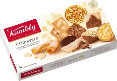 Produktbild von Kambly Primavera, Keks, Eier, Gluten, Milch, Nüsse, Sojabohnen, Sesamsamen, 175 g, Papier, Box, 1 Stück(e)