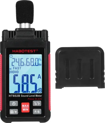Produktbild von HABOTEST HT602B Dezibelmessgeraet, digitales Schallpegelmessgeraet, tragbares Schallpegelmessgeraet, 30šC130 dB, Geraeuschmessgeraet mit Temperatur- und Luftfeuchtigkeitsmessung, MAX/MIN-Datenspeicherung, LCD-Bildschirm, Hintergrundbeleuchtung, automatische Abschaltung