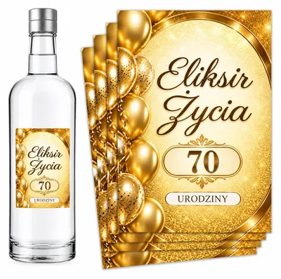 Obrázok produktu pre Etikety na fľaše – k 70. narodeninám – „Eliksir Życia” – zlatá – 8 ks