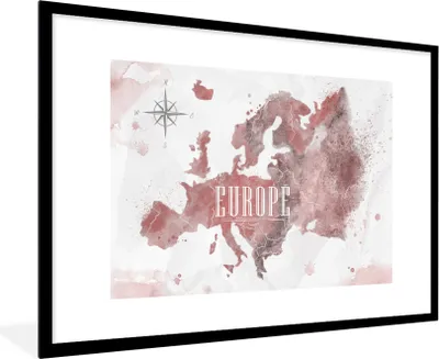 Produktbild von MuchoWow® MuchoWow® Gerahmtes Poster Karte - Europa - Aquarell - Kompass 90x60 cm - Poster mit zchwarzem Bilderrahmen - Wanddekoration - Fotos