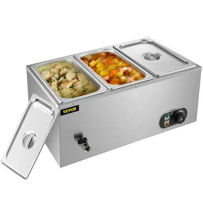 Image de Réchauffeur de plats professionnel à 3 bacs, réchauffeur électrique à plaques chauffantes 57,5 x 38 x 27 cm, réchauffeur électrique 1 200 W, bac de réchauffage électrique en acier inoxydable de 7 litres, 30 x 15 x 15 cm, chaque bac