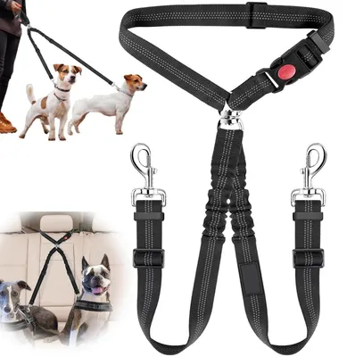Immagine prodotto di Cintura di sicurezza per cani, auto, 2 in 1, regolabile, antistropcinamento, nera, per 2 cani