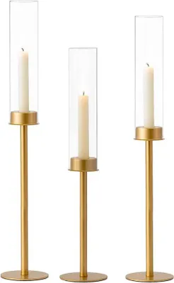 Produktbild von Unyqoos® Windlicht-Set – 3 Glaszylinder mit mattem goldfarbenem Stabkerzenhalter, Höhen 50/55/60 cm, Kerzen-Ø 2,2 cm, Tisch- & Außendekor