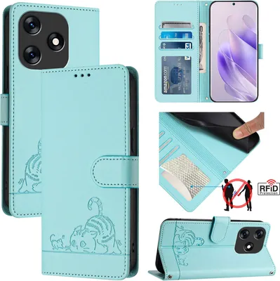Produktbild von Leder Hülle für Tecno Spark 10 4G Süße Katze Flip Case Brieftasche Schutzhülle mit Standfunktion hellgrün