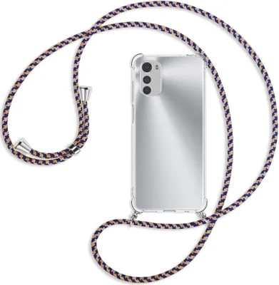 Produktbild von Handykette Backcover-Schutzhülle mit Band (Metall silberfarben) für Motorola Moto E32, Moto E32s - blau+beige