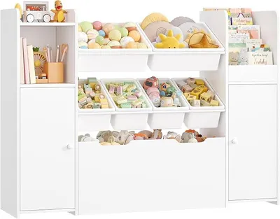 Productafbeelding van Boekenkast voor kinderen, met opbergruimte voor speelgoed, kinderkamer meubilair met opbergboxen, boekenkast voor kinderen met 7 opbergkisten, kinderkast 138 x 30 x 94 cm, wit
