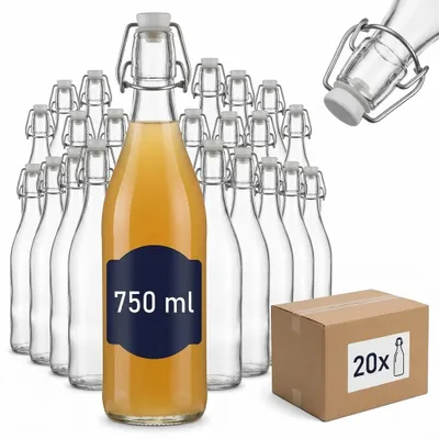 Produktbild von gouveo 20er Set Glasflaschen 750 ml Rondo mit Bügelverschluss - Bügelflasche 0,75 l zum Befüllen mit Wasser, Limonade, Saft und Spirituosen