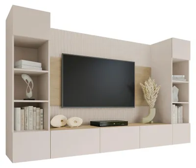 Produktbild von MIRJAN24 Wohnwand Deromi I, Wohnzimmer Möbel Set, Griffloses Öffnungssystem push to open, 4er-Set (Farbe: Sandbeige / Sandbeige + Eiche Cremona)