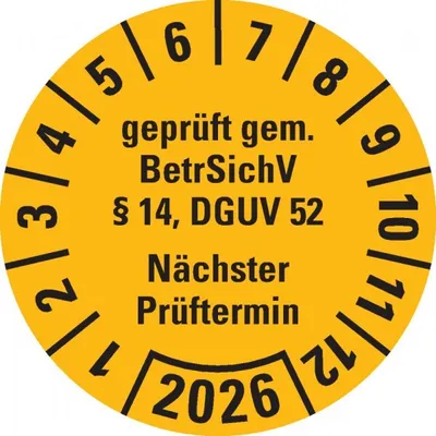 Produktbild von Dreifke® Prüfplakette BetrSichV §14, DGUV52, NP, 2026, gelb, Folie, Spezialkl...