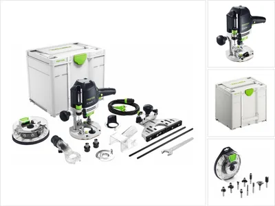 A collage of images showing a Festool router and its accessories, including a storage case and various attachments.