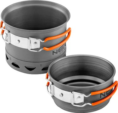 Image de NEO TOOLS Set de casseroles 2 en 1 Casserole avec radiateur, casserole 0,9l, poêle à frire 0.5l, sac de voyage, poignée pliable, isolée, 268g, matériau aluminium anodisé, certificat d'approbation alimentaire LFGB