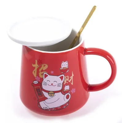 Maneki Neko Katzenbecher 250 ml – roter Porzellanbecher mit Deckel und Löffel