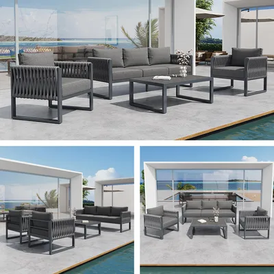 Image de Ensemble de mobilier de jardin 5 places, canapé d'extérieur avec pieds réglables, coussins et structure en métal inoxydable, pour balcon, terrasse ou jardin, gris