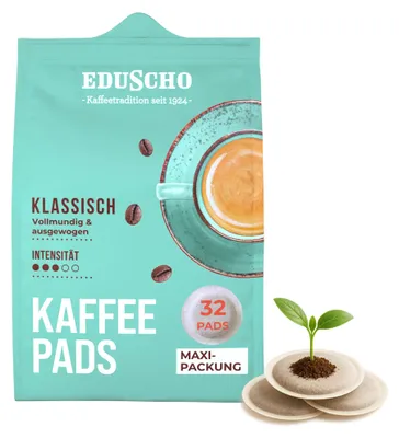 Zdjęcie produktu dla Kapsułki z kawą Eduscho Classic, 32 kapsułki, opakowanie 1 szt., pełny smak i zrównoważony aromat, do wszystkich ekspresów na kapsułki, kompostowalne przemysłowo