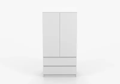Produktbild von Drehtürenschrank Kleiderschrank Schrank 90 cm Weiß/Weiß, 2-türig mit 2 Schubladen, Kleiderstange, Schlafzimmer SOLO 2D2S