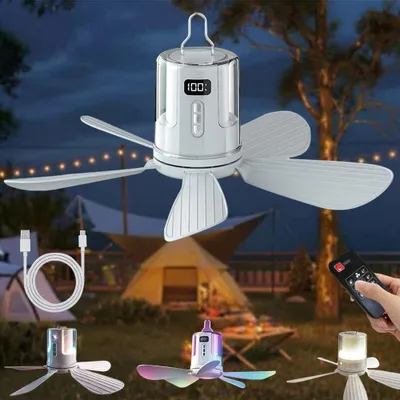 Obrázek produktu pro Stropní ventilátor s osvětlením, vhodný pro kempování, s možností nabíjení, dálkovým ovládáním a USB časovačem