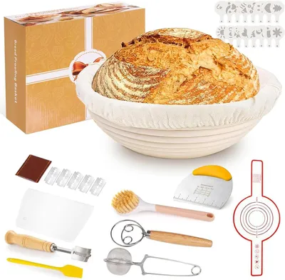 Produktbild von 10-teilig Gärkorb Brot Set, 23cm Gärkörbchen zum Brotbacken, Leineneinsatz, Teigrührer & Brot Lame, Professionelles Brotbackzubehör