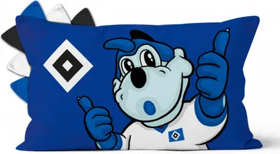 Produktbild von HSV Nikkikissen Hermann, Offizieller Hamburger SV Fanartikel, Blaues Kissen mit Dino Hermann & HSV-Raute, 45 x 26 cm, 100% Polyester