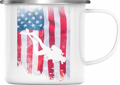 Produktbild von Trendation - Taucher Grafik Emaille Tasse Geschenk für Tauchlehrer Geschenkidee Lustig Tauchen Tauchsport Meer (Silber)