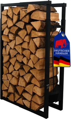 Produktbild von Verstellbare Kaminholzregal PHOENIX mit 4 Kaminwerkzeugen | innen & außen | HxBxT 100-150x40-65x25cm | 9 Größen Einstellbar | Metall | Schwarz | Kaminholzständer 5-teilig Brennholzregal