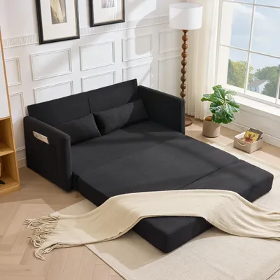 Image de Canapé-lit LVHOM 2 places extensible en velours côtelé, canapé-lit avec fonction couchage et poches latérales, canapé-lit d'appoint avec 2 coussins, 165 x 92 x 82 cm, noir