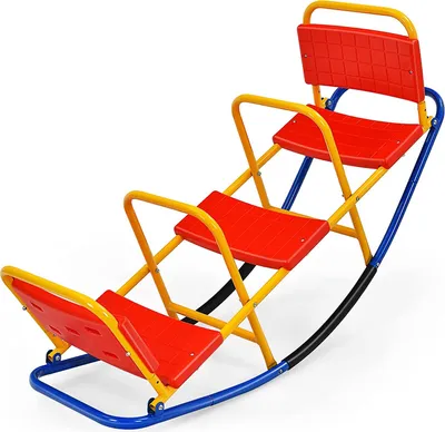 Produktbild von 3 Sitzer Kinder Wippe mit Rückenlehnen und Griffe, Schaukelwippe Metall 136x60x39cm, Karusselwippe Gartenwippe für Indoor und Outdoor, für Kinder 3-8 Jahren