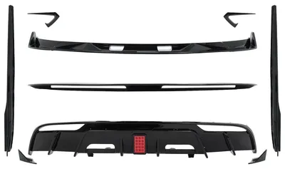 Productafbeelding van Aero-bodykit uitbreiding voor Tesla Model 3 2023+, bestaande uit bumperspoiler en luchtverdeelers, in zwarte kleur.