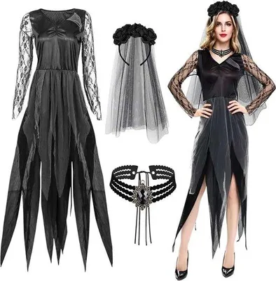 Productafbeelding van Halloweenkostuum voor dames, zombiebruid, carnavalskostuum dames, spookbruid, Halloweenkostuum, dames, zwarte horror, vampier, lange jurk, horrorkostuum, volwassenen, Halloween, carnaval
