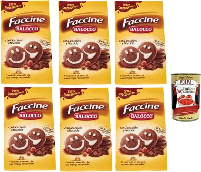 Produktbild von Balocco faccine kekse mit Schokolade & Haselnüss, Ohne Palmöl, ohne Konservierungsstoffe, 6x 350g biscuits cookies + Italian Gourmet polpa 400g
