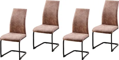 Four brown dining chairs with black metal legs, arranged side-by-side against a white background.