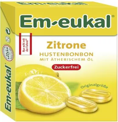 Produktbild von Em eukal Box Zitrone Hustenbonbon Ätherische Öle zuckerfrei 50g