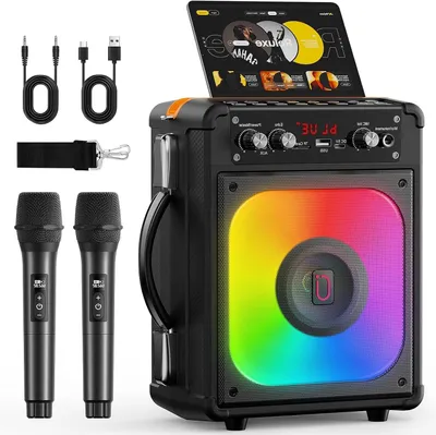Obrázok produktu pre Sada na karaoke – reproduktor, mikrofóny – pre zábavné večery – s LED svetelnými efektmi – 26 x 33 x 15 cm – čierna