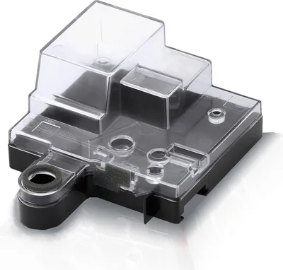 A black and clear plastic electronic component with a transparent cover.