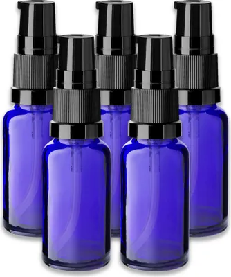 Produktbild von 5x Blaue Glasflasche 20 ml mit schwarzer Pumpe Dispenserpumpe leer