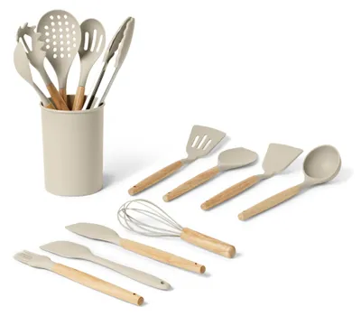 Image de A. Ensemble de 14 ustensiles de cuisine en silicone avec manche en bois, sans BPA