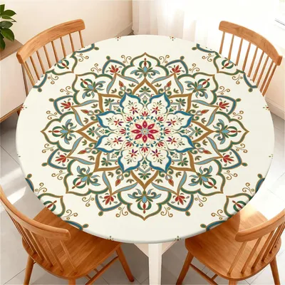 Produktbild von Tischdecke Rund Abwaschbar Elastisch 130 cm Wasserdicht Fleckabweisend Wetterfest Buntes Mandala