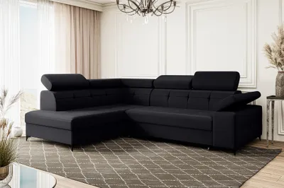 Produktbild von MEBLINI Schlafcouch mit Bettkasten - Ecksofa mit Schlaffunktion - Sofa mit Relaxfunktion und Kopfstützen - Couch L-Form - Eckcouch - Wohnlandschaft - BERGAMO - 274x203x83cm Links - Schwarz Samt