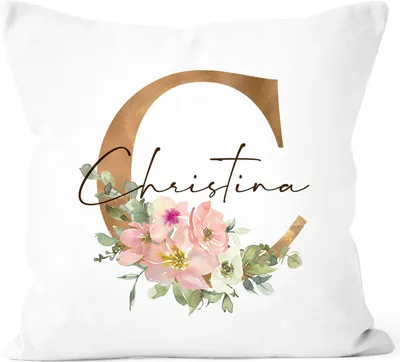 Produktbild von Kissen-Bezug mit Namen personalisiert Anfangsbuchstabe Initiale Blumen-Ranken persönliche Geschenke SpecialMe® weiß 40cm x 40cm