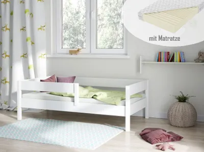 Produktbild von Kinderbett Lina 160x80 Kinderbett mit Rausfallschutz & Lattenrost weiß 80 x 160 für Mädchen und Jungen Massivholz Kiefer, mit Matratzen, ohne Schubladen