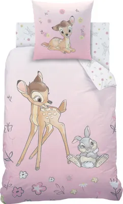 A bedding set with Bambi and Thumper characters on a pink background.