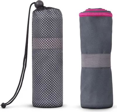 Produktbild von Mikrofaser Handtuch für Sport, Sauna, Fitness - Reise Handtuch - kompakt, saugfähig, leicht & schnelltrocknend ( Grau mit Pinker Biese / 50x100cm ) mit Spanngummi und Tasche