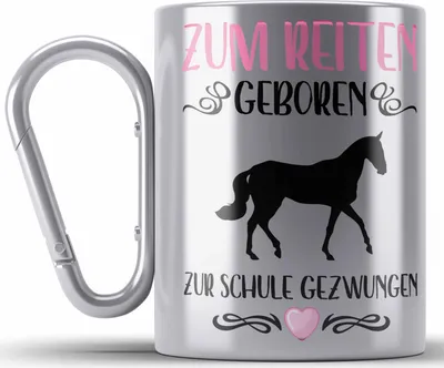 Produktbild von Trendation - Pferde Mädchen Geschenk Edelstahl Tasse Karabiner Reiten Reiterin Kinder Becher Spruch Lustig Geburtstag Einschulung (Silber)