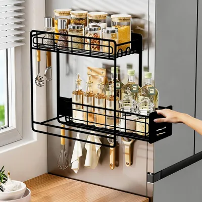 Produktbild von Magnetisches Gewürzregal mit verschiebbarer Ablage, schwarz, magnetisches Regal für den Kühlschrank mit Haken, magnetisches Regal für die Waschmaschine