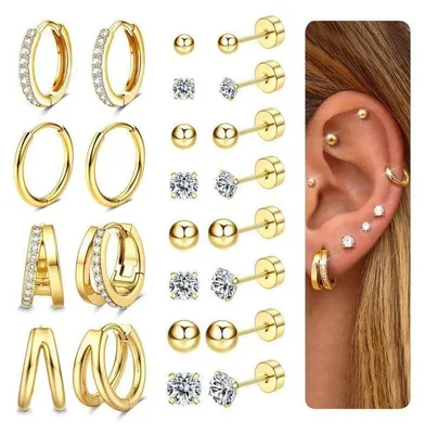 Produktbild von 12 Paar Ohrringe Gold Silber Set, 316L Chirurgenstahl, Damen Herren, Medizinische Ohrstecker & Creolen, 14K Vergoldet