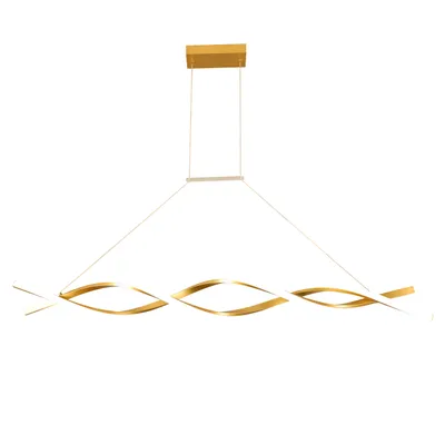 A modern LED pendant light with a wave design, suspended from the ceiling.
